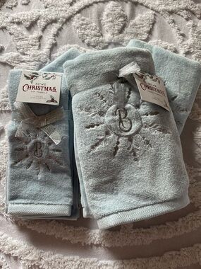 Source Unknown Light Blue Christmas Hand & Fingertip Towels with Embroidered 'B'